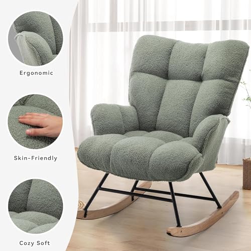 Image of Rocking Chair Nursery Teddy Upholstered Glider Rocker Rocking Accent Chair Padded Seat with High Backrest Armchair Comfy Side Chair for Living Room Bedroom Offices (Green Teddy)