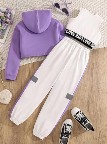 Image of Hilinker Girls Graphic 3 Piece Outfits Workout Hoodie Crop Tank and Sweatpants Set