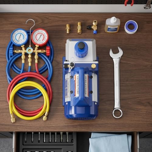 Kit de bomba de vacío de una etapa de 4 CFM con manómetro para R134a y detector de fugas, kit de herramientas HVAC para refrigeración AC certificado ETL, color azul miniatura 4