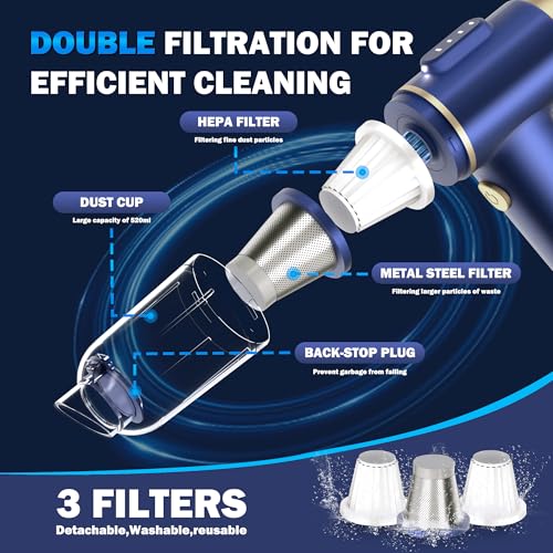 Image of Handheld Car Vacuum Cleaner, 2-in-1 Portable Mini Car Vacuum Cleaner,21000Pa High Power & Air Duster, Handheld Vacuum Cordless with LED Light and Multi-Nozzles for Car,Home,Office,Pet(Blue)