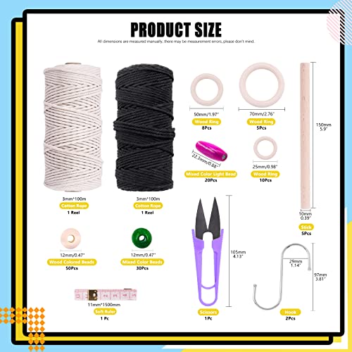 Mardatt 134 Pcs Macrame Kit with 218 Yards 3mm White& Black Macrame Cord - Image 2