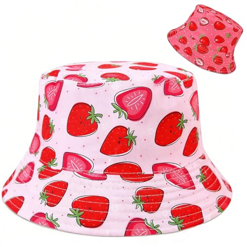 Pink Strawberry Bucket Hat Reversible Printed Packable Summer Beach Sun Hats for Women Men Travel Golf Outdoor