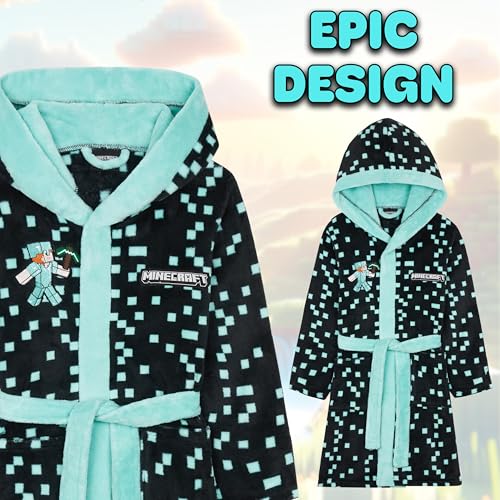 Minecraft Bademantel Kinder Jungen Weicher Fleece Morgenmantel mit Kapuze Badeponcho Creeper Gamer Geschenke für Jungs (9-10 Jahre, Anthrazit)