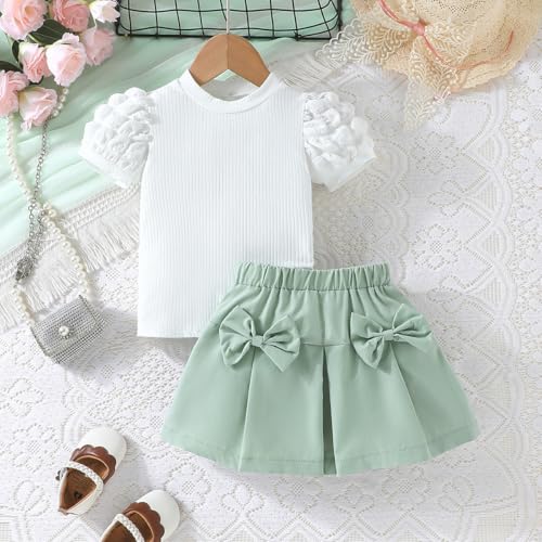Image of Toddler Girl Summer Outfits Puff Short Sleeve Ribbed Knit Tops Mini Skirt Set Cute Girl Clothes