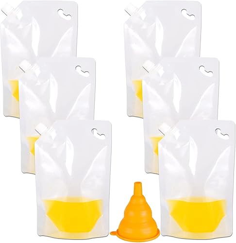 Kichwit Bolsas de plástico para bebidas alcohólicas, paquete de 6 bolsas reutilizables de boquilla líquida, 32 onzas, embudo de silicona plegable