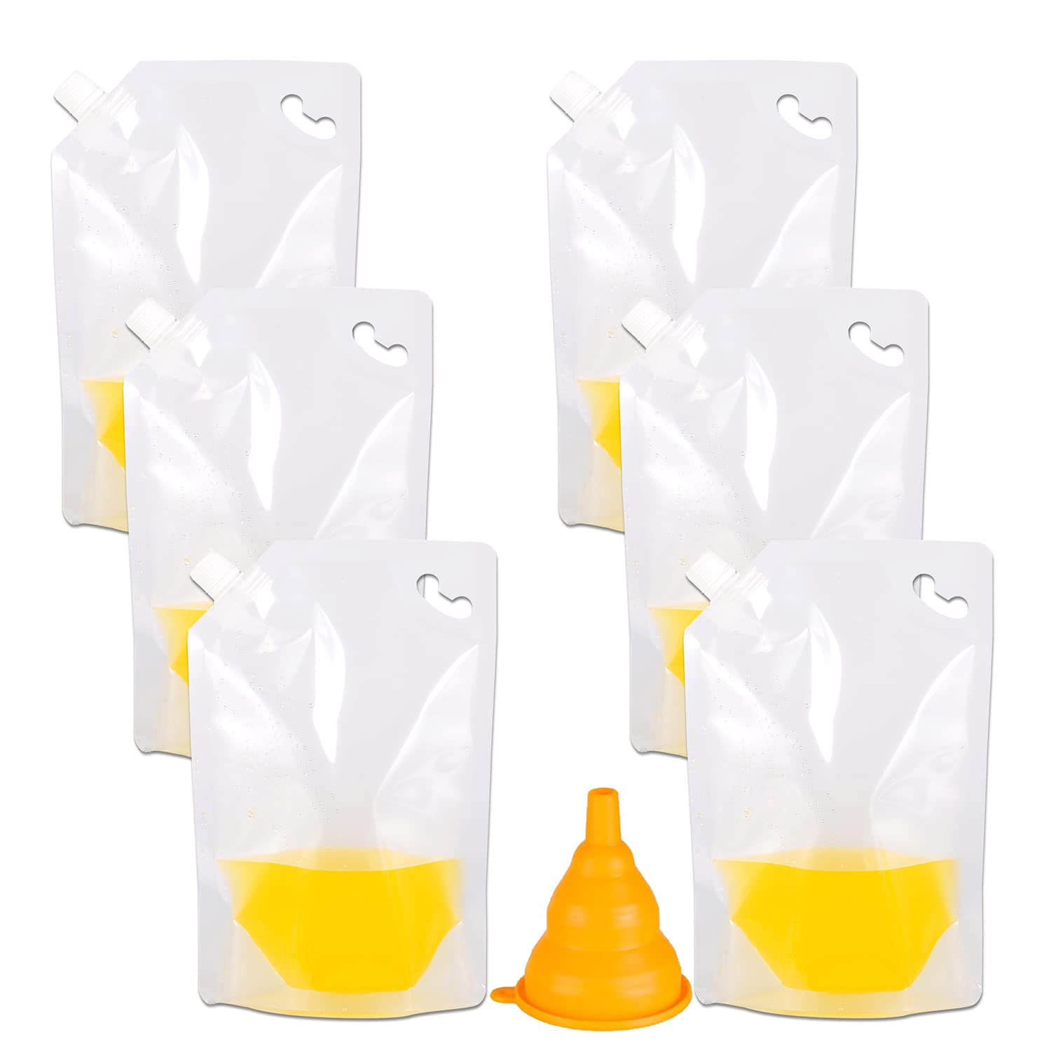 Kichwit Plastic Liquor Pouches Drinking Flasks, 6 Pack Reusable Liquid Spout Bags, 32oz, Collapsible Silicone Funnel Included