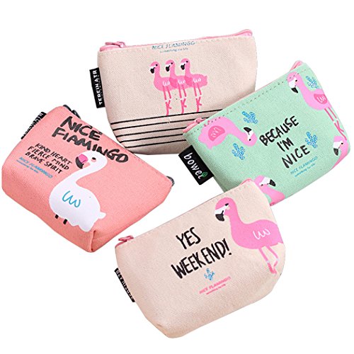 Preisvergleich Produktbild niedliche Leinwand Geldbörse Frauen Flamingo Geldbeutel kleine Leinwand Portemonnaie Portemonnaies für Geschenke, Satz von 4