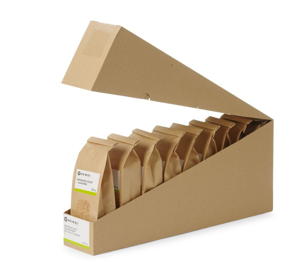 HENDI Trucioli, segatura, di legno, essenze aromatiche, per affumicatura a freddo, set di 9 aromi, mandorlo/faggio/olivo/agrumi/quercia/pesca/vino rosso/whisky/cognac, affumicatore, 1,4 kg (9x150 g)