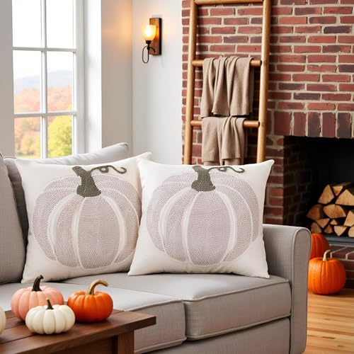 Tosleo Halloween Throw Pillow Covers 18x18 inch Set of 2 Halloween Beige Pumpkin Embroidered Pillow Cases Thanksgiving Home Party Pumpkin Fall Decor Pillowcases Square Cushion Covers