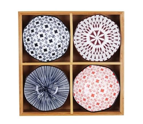 お皿 小皿セット和風 小皿セット 竹トレイ 陶器 前菜皿 深型 仕切り付き 天然木 9点セット小鉢 醤油皿 前菜皿 盛り鉢 和食器 セラミック アイスクリーム ソース皿 火鍋 焼肉屋 寿司屋 食洗機 (A,4宮格+荷口皿)