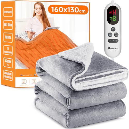 Mia&Coco Manta eléctrica Apagado automático, 160 x 130 cm, 10 Niveles de Calor, Temporizador de Apagado automático de 9 Horas, protección contra sobrecalentamiento, Lavable a máquina, Gris