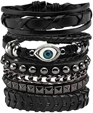 JJDreams 6-10 Pcs Leather Bracelets Set for Women Men Braided Wooden Beads Wrap Cuff Cord Adjustable