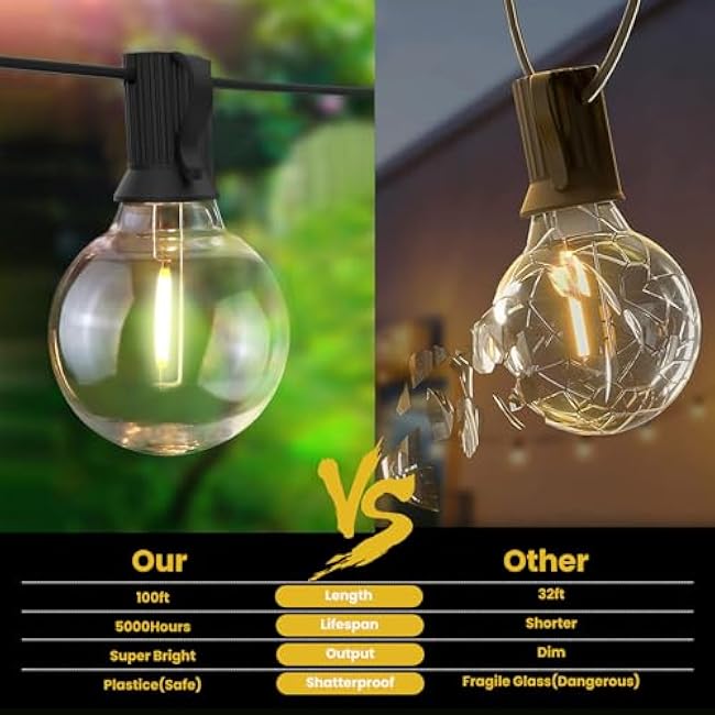 Solar String Lights G40 Solar Patio Hanging Lights 100FT Outdoor