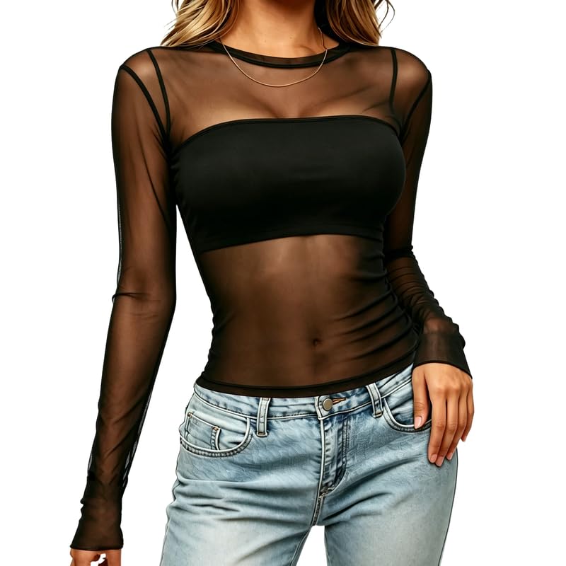 Celsano Mesh Oberteil Damen Schwarz Transparentes Netzoberteil Langarm Sexy Tops für Party Festival Club Figurbetontes Durchsichtiges Oberteile Y2K Netzshirt Frauen 90er Retro Style