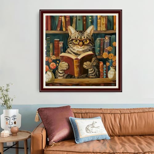 Image of Joyhoor Cross Stitch Kits for Beginners Stamped Cross-Stitch Supplies Needlework preprint Embroidery Kits for Adults DIY Needlepoint Kit Embroidery Patterns 11CT-Cat Reading 18x18 inch