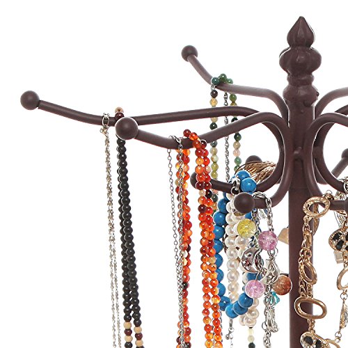Mygift® Brown Metal Jewelry Holder Stand, Necklace Bracelet Organizer Rack With 12 Hooks And Ring Dish Tray #TOP2