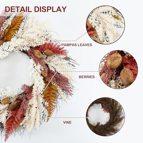 Flowage FW-01 Fall Wreaths For Front Door, 24 Inch Artificial Outdoor Fall Wreath, Indoor Farmhouse Pampas Grass Fern Wreath thumb #1