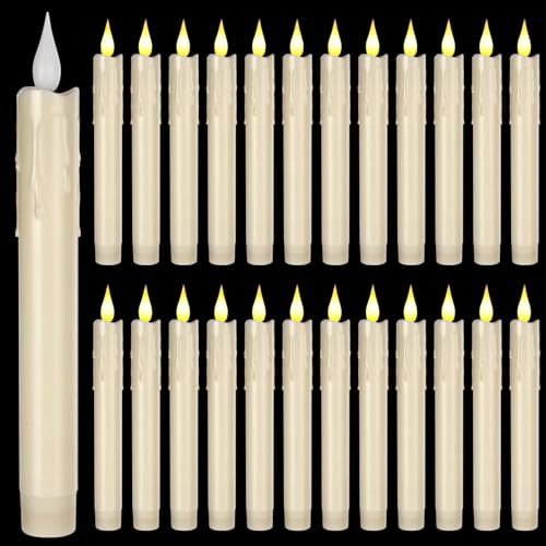 Image of Baquler 24 Pcs 7.5 inch Ivory Flameless Taper Candle LED Stick Battery Operated | Candle Sticks Bulk, No Battery, Flickering LED Candlestick, Window Wedding Halloween Christmas Decor, Plastic