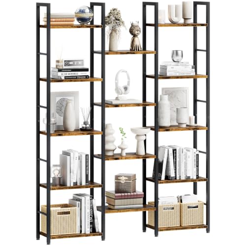 Image of Shintenchi Triple Column 5 Tier Bookshelf, Industrial Large Bookcase Display Shelves, Large Etagere Bookshelf,Wide Book Shelf Book Case for Home & Office, Rustic Brown