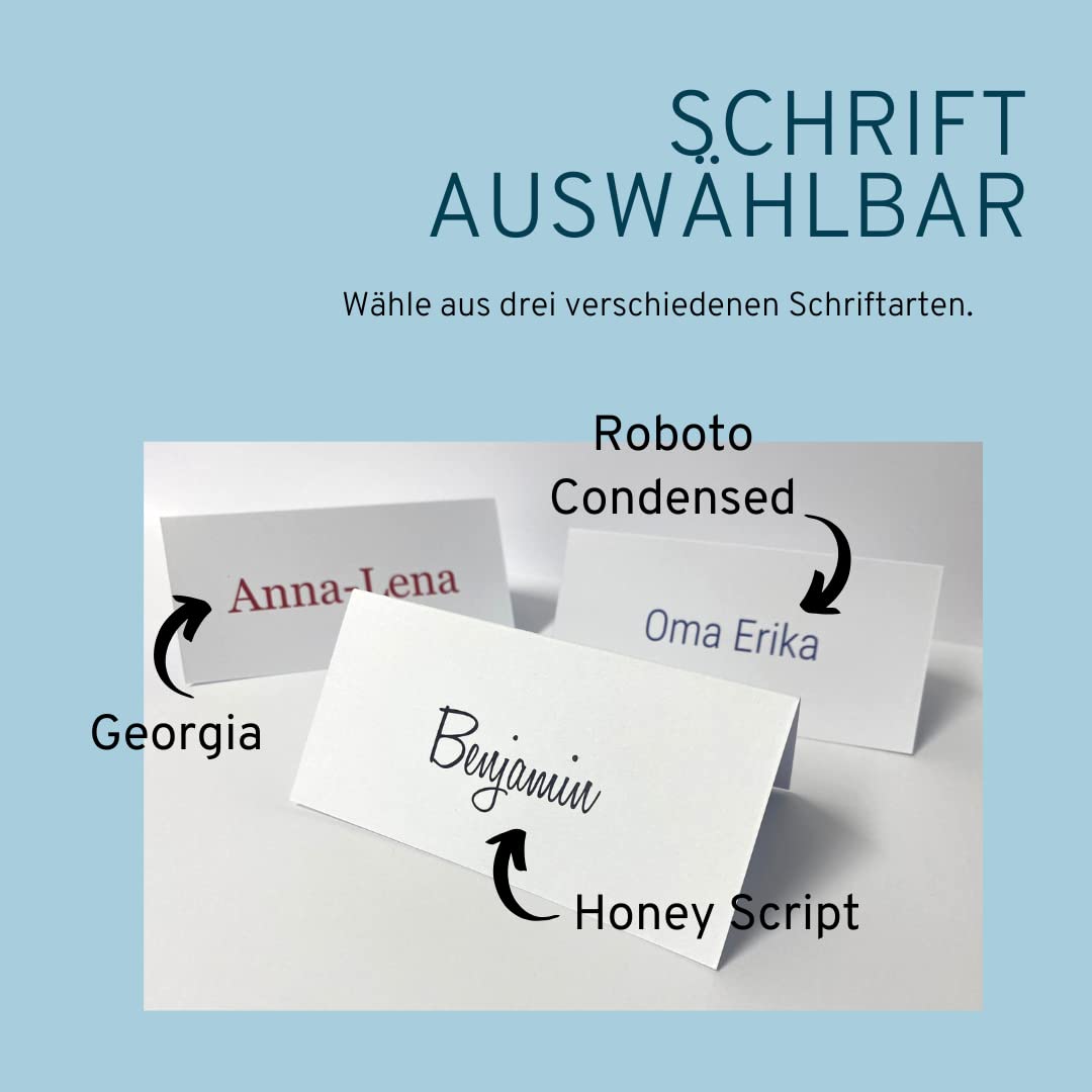 Tischkarten weiß mit Namen personalisierbar eingedruckt | Schriften, Farben und Sets auswählbar | Aufdruck einzeln individualisiert mit Namen der Gäste | für Hochzeit, Geburtstag uvm. (75)