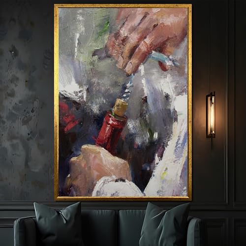 Tableau impressionniste sur toile bouteille de vin tire-bouchon affiche cuisine 60 x 80 cm