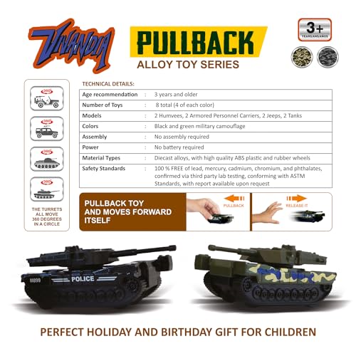Vivandia MB189/MB139 8 Pack Diecast Military Toy Vehicle Set, 4 Green Camouflage Army Tanks 4 Black Urban Swat Police Toys, Tank, Humvee, Jeep, Armored Personnel Carrier Playset thumb #1