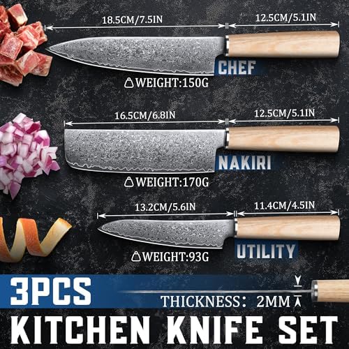 ROCOCO Damascus Chef Knife Set - Japanese Nakiri Utility Paring Knives Sharp Gyuto Meat Cleaver for Home Kitchen Gift Idea - Thumbnail 5