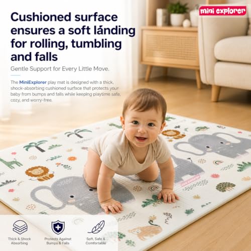 Image of MiniExplorer Double-Sided Waterproof Baby Floor Mat | Extra Large 6.5 x 4.5 ft | 8mm Thick Foam Play Mat | BPA Free, Foldable, Reversible Crawling & Tummy Time Mat for Babies & Kids - Sea & Giraffe