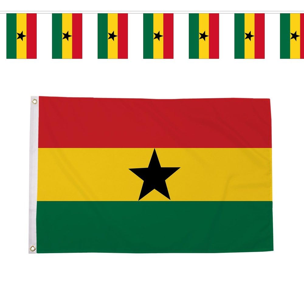 Flagtex Ghana Black Stars World Cup 2026 Large Team Bundle Includes 8ft x 5ft Premium Polyester Flag and 9m Rectangle Bunting Football Fan Pack Indoor Outdoor Decoration