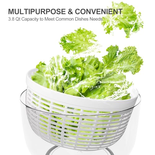 Smile mom Salad Spinner Small Lettuce Spinner Kitchen Gadgets Vegetable Washer, High Efficiency for Home Kitchen Washing & Drying Leafy Vegetables, One-Handed Handle Easy Press 3.8 Qt White