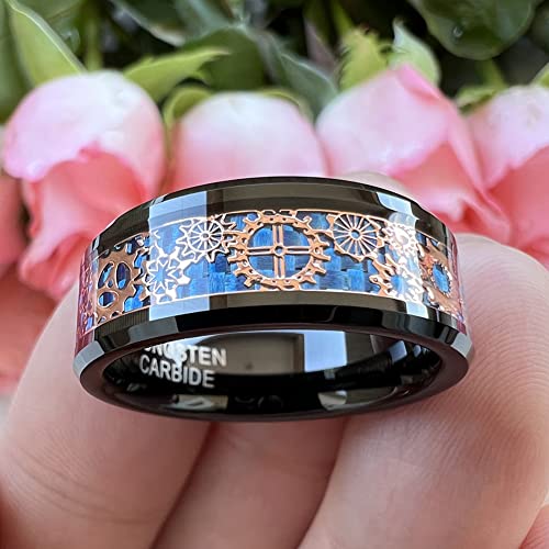 8mm Blue Red Green Carbon Fiber Steampunk Gear Inlay Silver and Black Tungsten Rings for Men Women Wedding Bands Beveled Edges I Love You Engraved Comfort Fit3