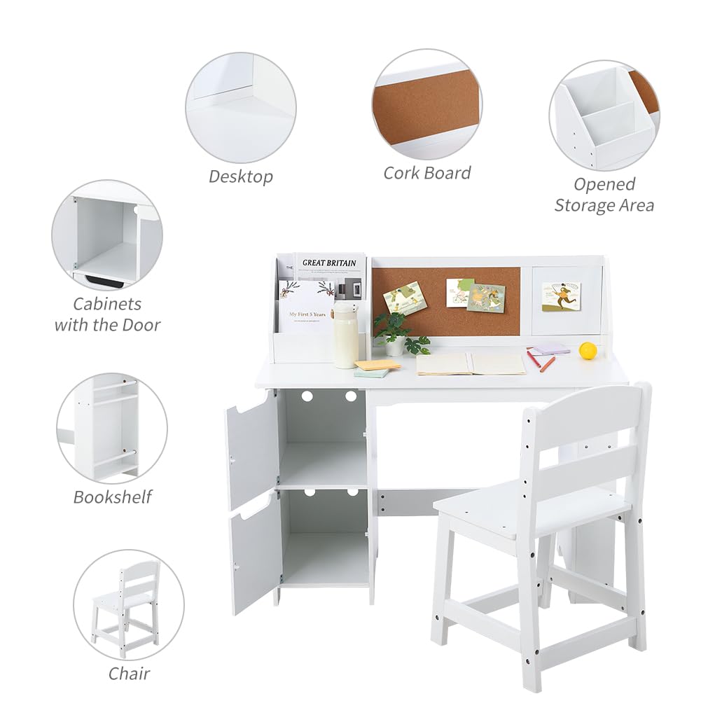 Ensemble Bureau Enfant + Chaise en Bois – Table d’étude avec étagère, placards de Rangement et Tableau d’Affichage – pour écriture & devoirs, 3-8 Ans – Blanc