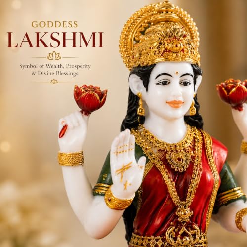 Image of ARMONIA Laxmi MATA Idol with Lotus Throne and Golden Crown | Mahalakshmi Devi Murti for Home, Mandir,Office Desk,Varalakshmi Vratam,Spiritual Decoration,Best Spiritual Gift for Wedding & Housewarming