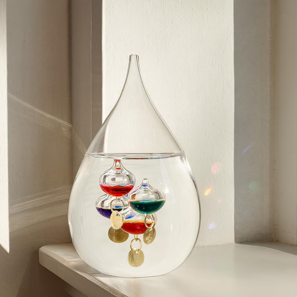 Galileo Thermometer Großer Glastropfen 16 cm, für drinnen oder draußen, analog, schwimmende farbige Kugeln
