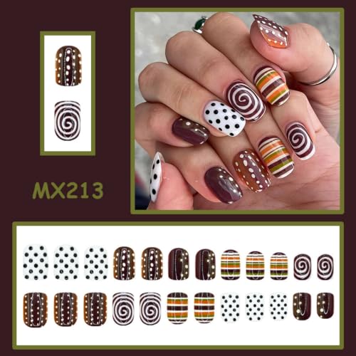 Image of Fall Press on Nails Polka Dot Nails Press ons Short Square Fake Nails 24Pcs | with Stripe Design Glossy False Nails for Women Winter Manicure,Reusable,Full Cover,Easy Apply