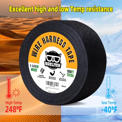Image of Breliter Wire Harness Tape - 2Pack High Temp Wiring Harness Self-Adhesive Auto Electrical Cable Fixed Tape Noise Damping Protection Insulation Tape - 1-1 /4 Inch Wide 100 Feet Long Total