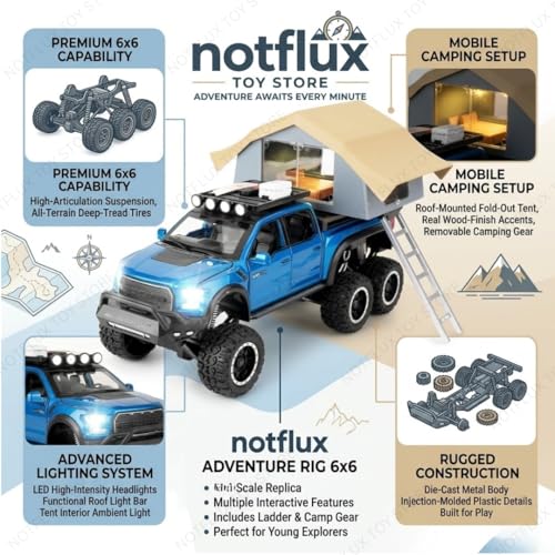 Image of 1:24 Ford Raptor F-150 Camping RV Toy Car - Realistic Diecast Metal Truck with Pullback Action for Kids & Collector Display [Multicolor] [Pack of 1]