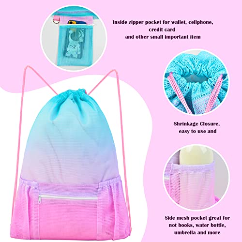 Fiodrimy Mesh Drawstring Backpack Bag Beach Bag with Zipper Pocket Gym Backpack Bag for Swimming Gear Gym Storage Bag for Adult Kids (Pink)4