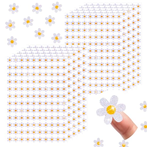 Whaline 1200Pcs Spring Daisy Mini Holographic Stickers Self Adhesive Stickers Spring Flower Sparkly Label Decals for Craft Scrapbook Envelope Card Teacher Reward 10 Sheets