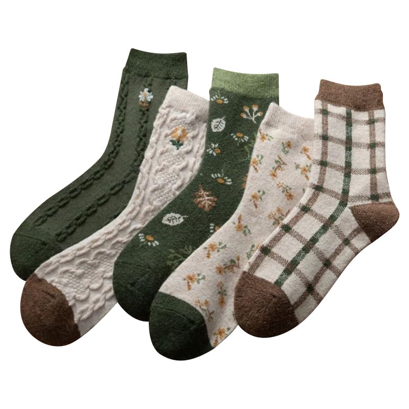 MarJunSep Wool Fall Boot Socks Women Teen Girls Thick Knit Vintage Cute Floral Hiking Winter Warm Crew Socks