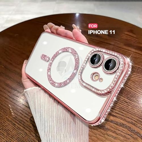 Image of AESTMO Back Cover for iPhone 11 Compatible with MagSafe | Diamond Glitter Case | Luxury Bling Rhinestone Soft Clear TPU Bumper | Camera Lens Protection Cover for iPhone 11 (Pink)
