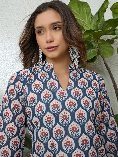 Image of EthnicJunction Women's Linen Floral Print Summer Wear Straight Short Kurti with Afghani Pant Set | Co Ord Set for Women Stylish | Fusion wear Women