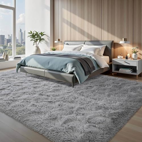 8x10 ft Light Grey Rug for Living Room Fluffy Bedroom Rug Non-Slip Area Rugs Shag Carpet for Nursery Kids Play Room Dorm Office Indoor Modern Plush Carpets Boys
