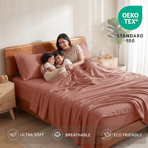 Image of LANE LINEN 100% Organic Cotton Bedsheet for King Size Bed - Rose Dawn | GOTS Certified, Percale Weave, 108x108 inches, Soft & Breathable, Machine Washable, Includes 2 Pillow Covers