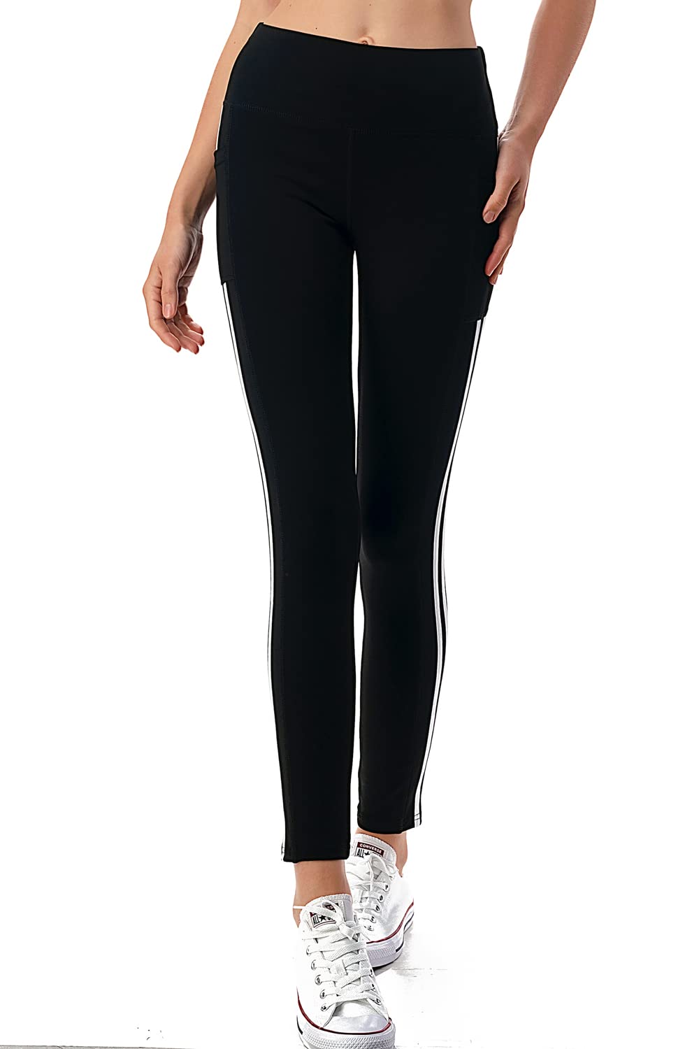 Jvini Women's High Waisted Sports Leggings with Tech Pockets - Striped Active Legging Pants Black Size XL