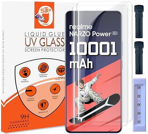 Image of STP FEEL Advanced UV Tempered Glass Screen Protector Guard Compatible For Realme Narzo Power 5G (6.8 Inch, Pack of 2) Full Adhesive UV Curved Case Friendly HD Clarity with easy installation kit