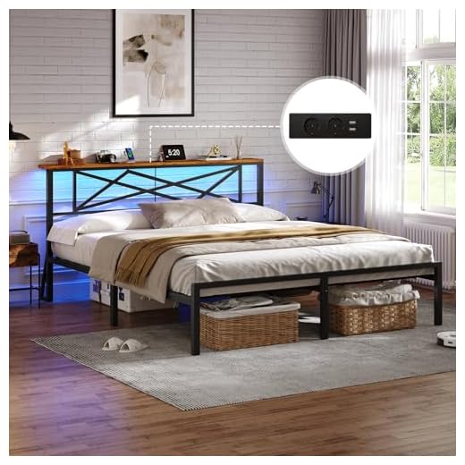 DICTAC Lit LED Double 160x200 en Métal, Lits 2 Personnes avec tête LED et 2Ports USB et Prise de Courant, Cadre de lit 160x200 en métal, 32cm Espace de Rangement sous Le lit,Marron Vintage/Noir