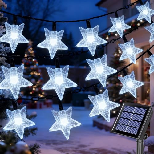 Qoosea Guirlande Lumineuse Solaire Étoiles 14M, 120 LED Guirlande Étoile Extérieur Imperméable, 8 Modes avec Minuterie Auto Marche/Arrêt pour Décoration Jardin Clôture Noël Mariage Fête