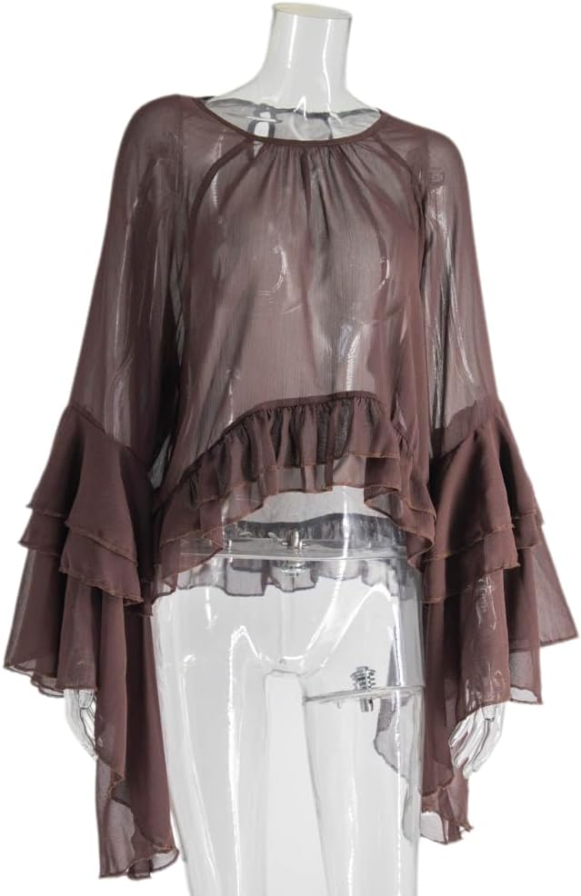 Womens Sheer Chiffon Blouse Flowy Large Flare Sleeve Ruffle Hem Blouse Y2K Sexy Crewneck See Through Shirt - Image 6