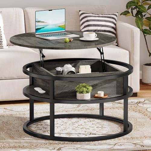 DWVO Coffee Tables for Living Room, Round Lift Top Coffee Table with Storage and Hidden Compartment, Modern Small Circle Coffee Table Wood Farmhouse Center Table, Grey